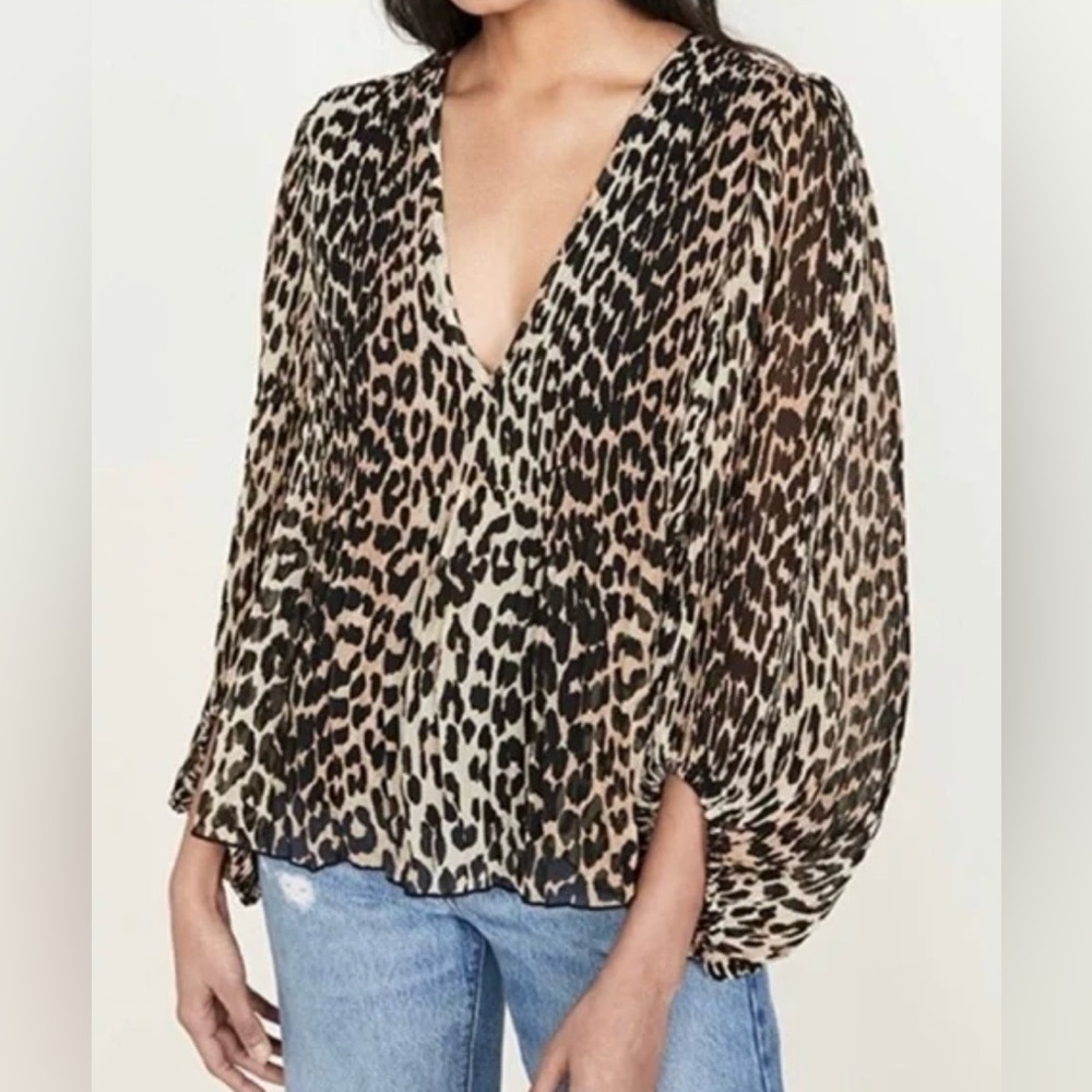 Ganni Georgette Pleated Leopard Print Top - size 42